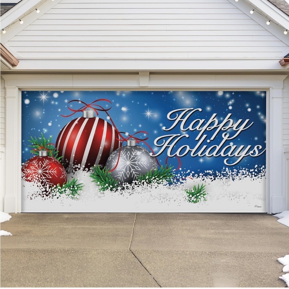 Festive Holiday Garage Door Mural with Red and Silver Ornaments